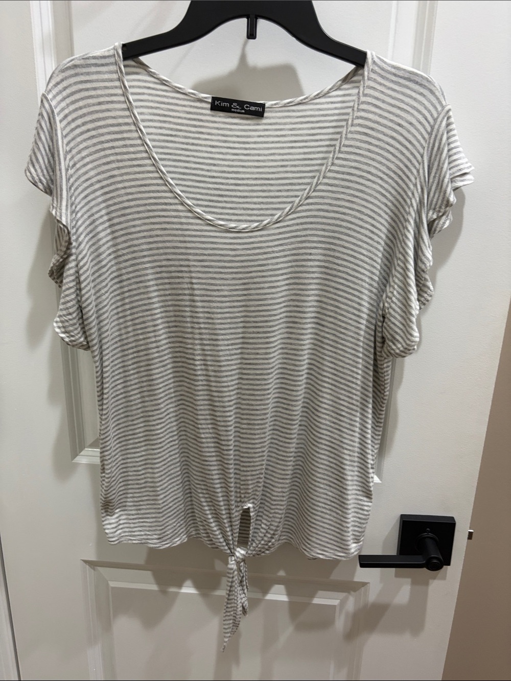 Kim & Cami Light Gray and White Striped Tie-Front Crop Top